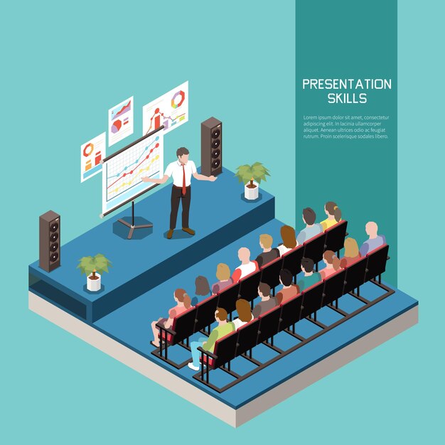 Concepto de color isométrico de habilidades blandas con descripción de habilidades de presentación y reunión de oficina