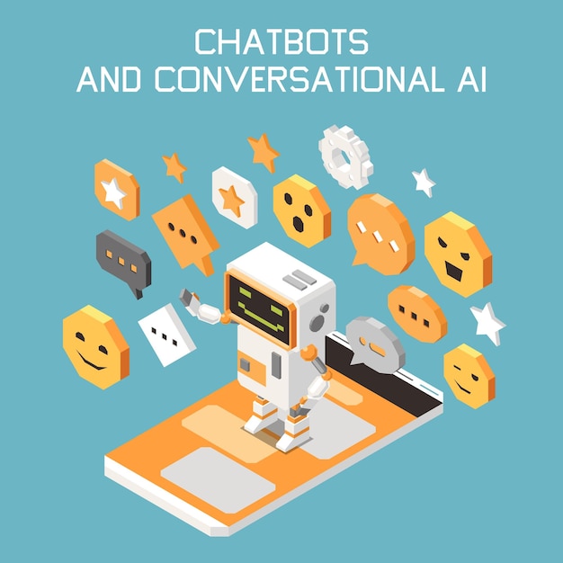 Concepto de color isométrico de tecnologías de inteligencia artificial de marketing con chatbots e ilustración de vector de descripción de inteligencia artificial conversacional