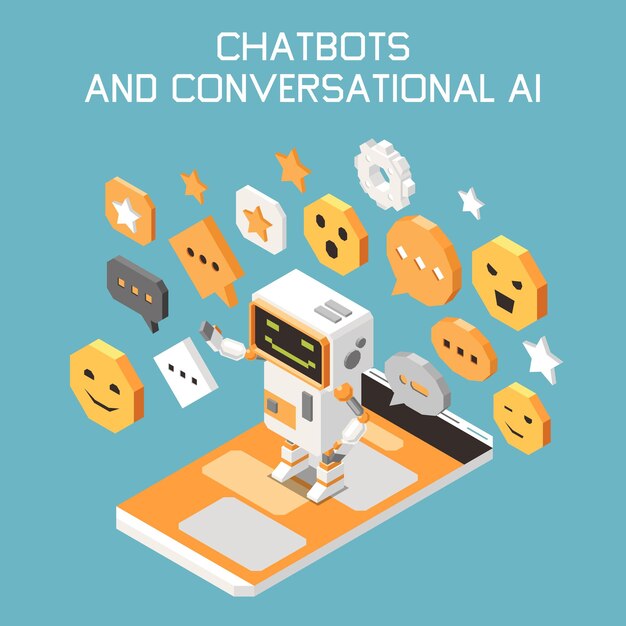 Concepto de color isométrico de tecnologías de inteligencia artificial de marketing con chatbots e ilustración de vector de descripción de inteligencia artificial conversacional
