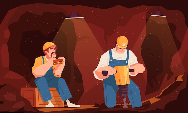 Concepto de color minero dos trabajadores en la mina uno come su almuerzo y el otro excava ilustración vectorial