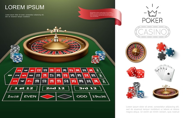 Concepto colorido del casino realista con la ilustración de los chips y los dados de las cartas de juego del póker de la mesa del juego de la ruleta