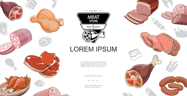 Vector gratuito concepto colorido de la comida de la carne de la historieta con la ilustración del salami del tocino del jamón de las piernas de pollo asado del filete de ternera del codillo de cerdo,