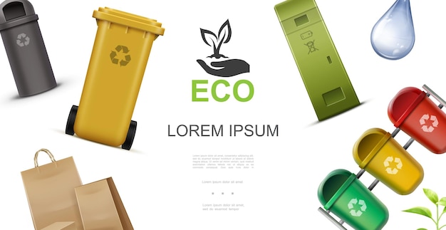 Concepto colorido de ecología realista con recipientes de plástico para reciclar gotas de agua de basura y bolsas de papel ilustración