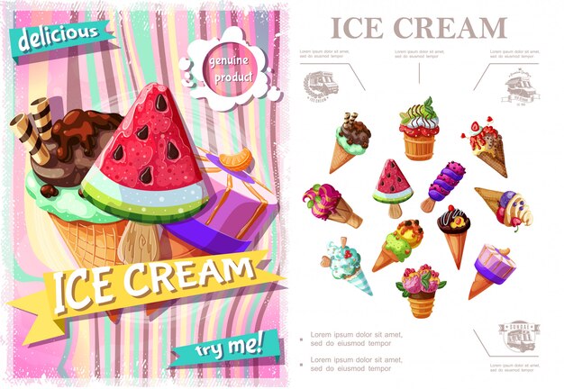 Concepto colorido de helado fresco con helados de diferentes tipos y sabores en estilo de dibujos animados