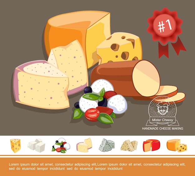 Concepto colorido de queso natural de dibujos animados con sabrosos tipos de quesos italianos griegos holandeses y suizos