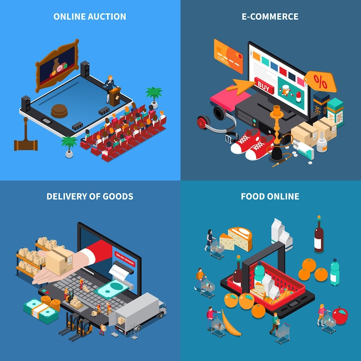 Vector gratuito concepto de comercio electrónico de compras móviles 4 composiciones isométricas con entrega de compra de productos de subasta de alimentos en línea