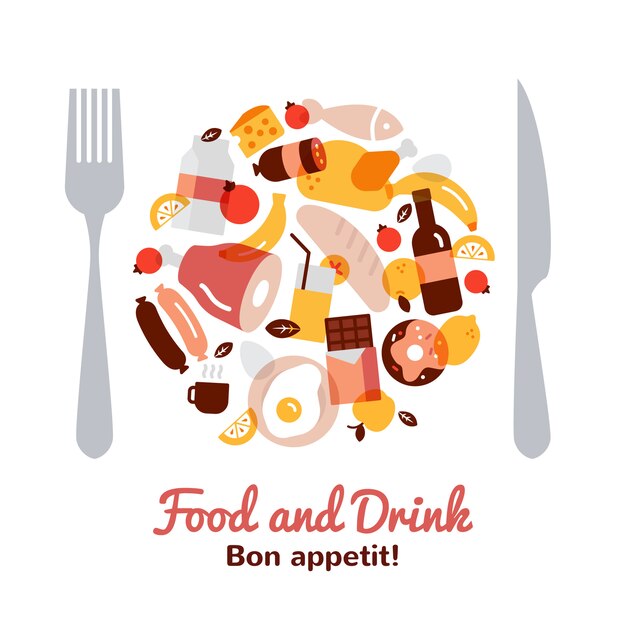 Concepto de comida y bebida en forma de placa con tenedor y cuchillo plana