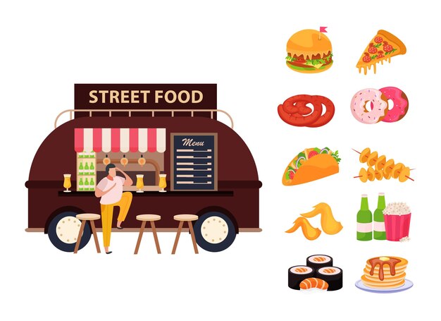 Concepto de comida callejera con comida y bebida.