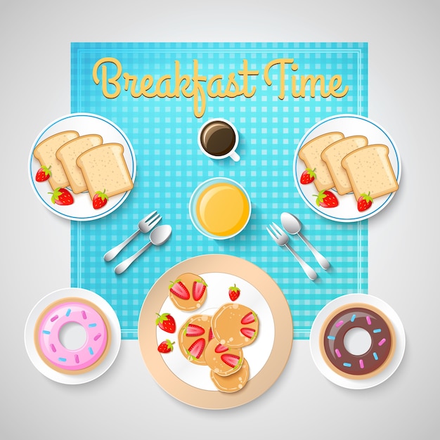 Vector gratuito concepto de comida de desayuno dulce con comidas sabrosas y café caliente para dos personas ilustración