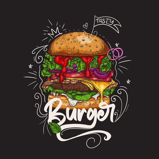 Concepto de comida rápida de hamburguesa Ilustración de vector de boceto dibujado a mano