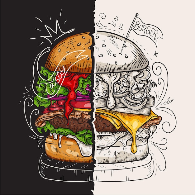 Concepto de comida rápida para hamburguesas dibujo a mano dibujo vectorial