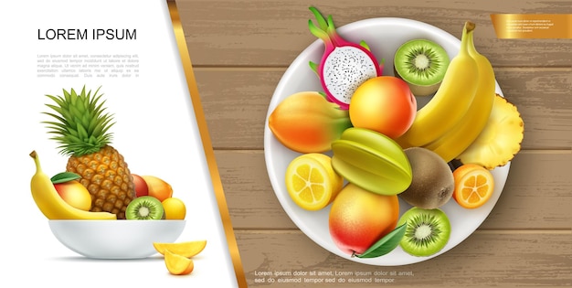 Concepto de comida de verano fresca y saludable realista con plato de plátano, kiwi, mango, piña, kumquat, carambola, frutas de dragón y su ilustración de rodajas