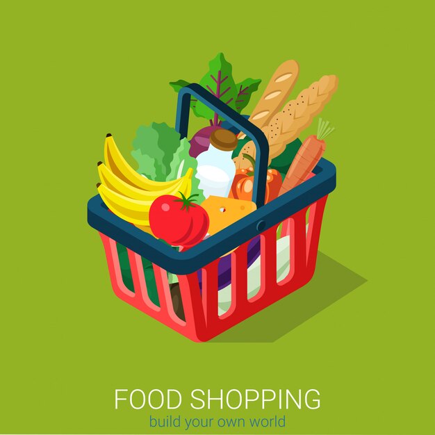 Concepto de compra de alimentos. Carrito de compras lleno de comida isométrica.