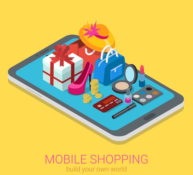 Concepto de compra en línea móvil. Productos cosméticos en tableta isométrica.