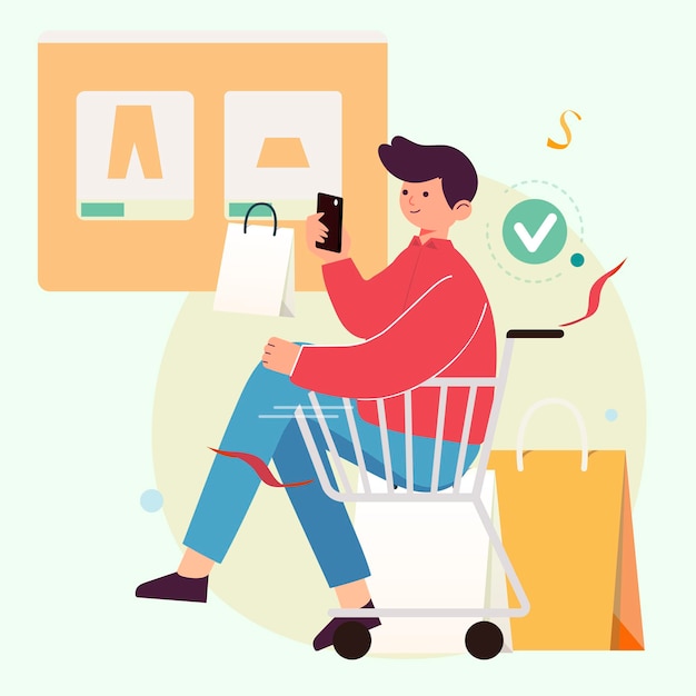 Concepto de compra online. Hombre joven de compras en línea a través de un teléfono inteligente