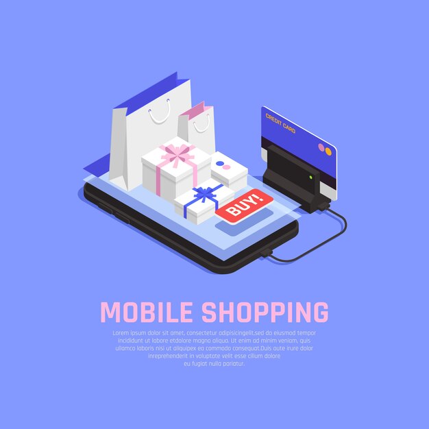 Concepto de compras y comercio electrónico móvil con símbolos de pedido en línea isométricos