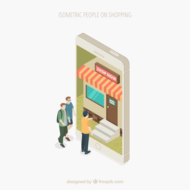 Concepto de compras con gente en perspectiva isométrica