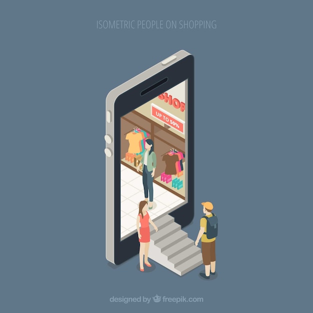 Concepto de compras con gente en perspectiva isométrica