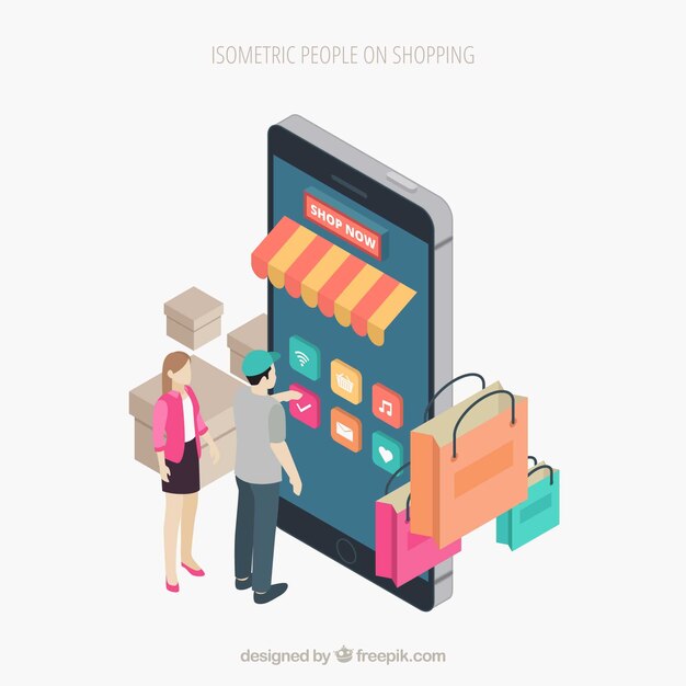 Concepto de compras con gente en perspectiva isométrica