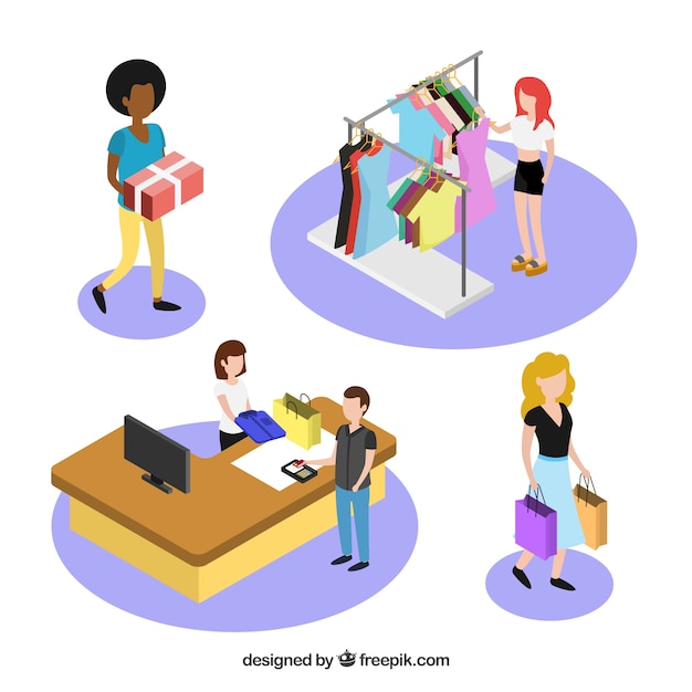 Concepto de compras con gente en perspectiva isométrica