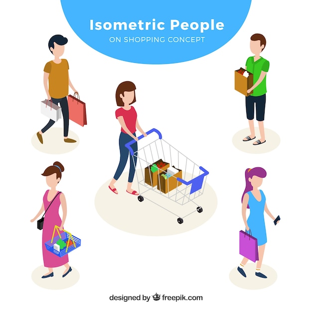 Concepto de compras con gente en perspectiva isométrica