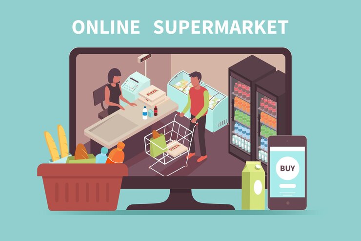 Vector gratuito concepto de compras en línea con el comprador pagando las compras en el supermercado en la pantalla del pc
