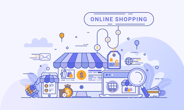 Concepto de compras en línea para la página de inicio web, marketing digital en el sitio web y aplicación móvil.