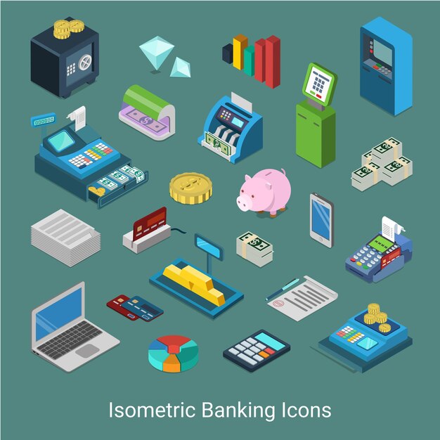 Concepto de conjunto de iconos financieros de banca isométrica 3d plana