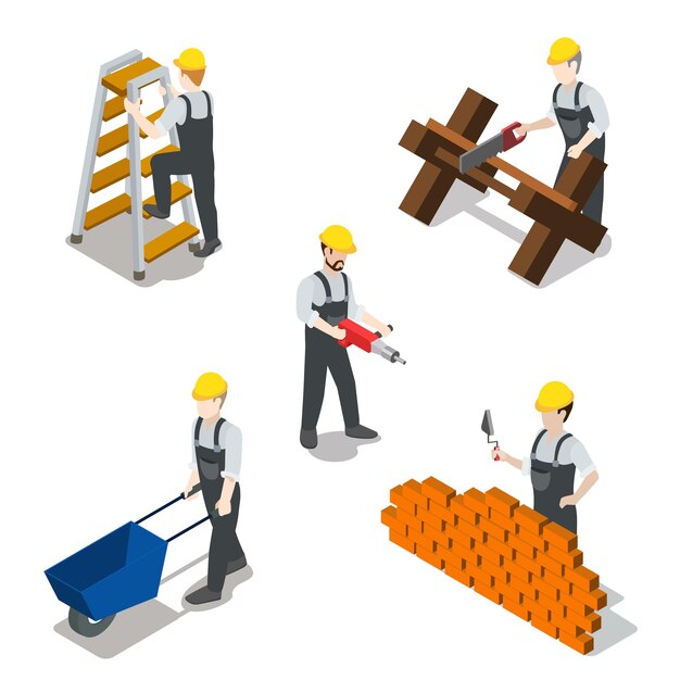 Concepto de conjunto de iconos de trabajador de construcción constructor isométrico plano