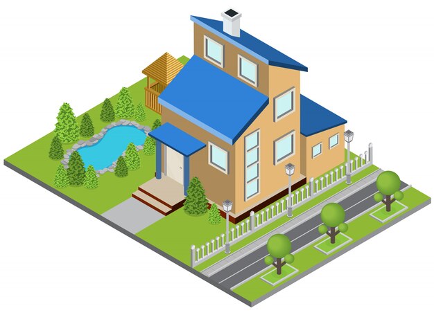 Concepto de construcción de suburbia con casa isométrica piscina isométrica