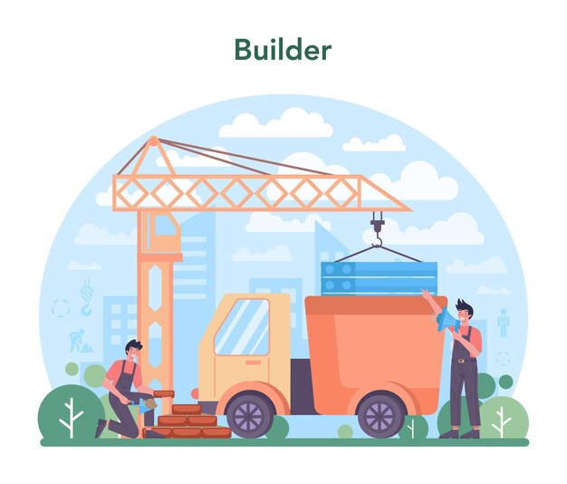 Concepto de construcción de viviendas Trabajadores que construyen viviendas con herramientas y materiales Proceso de construcción de viviendas Concepto de desarrollo de la ciudad Ilustración de vector plano aislado