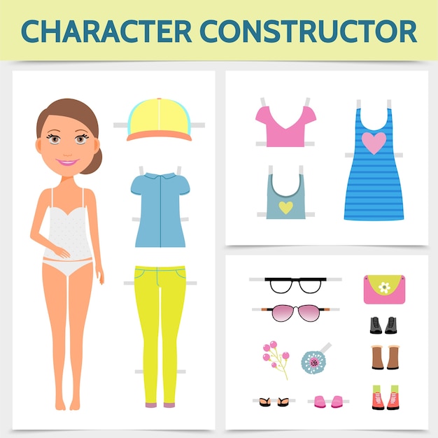 Vector gratuito concepto de constructor de personaje de mujer plana