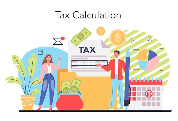 Concepto de contador Contador profesional Cálculo de impuestos y análisis financiero Carácter comercial que realiza operaciones financieras Ilustración vectorial