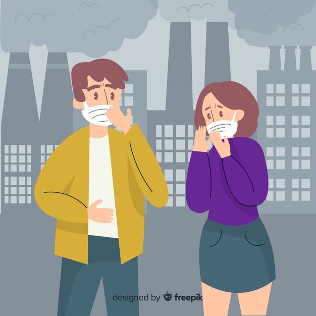 Concepto de contaminación con personas frente a planta de energía.