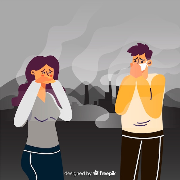 Concepto de contaminación con personas frente a planta de energía.