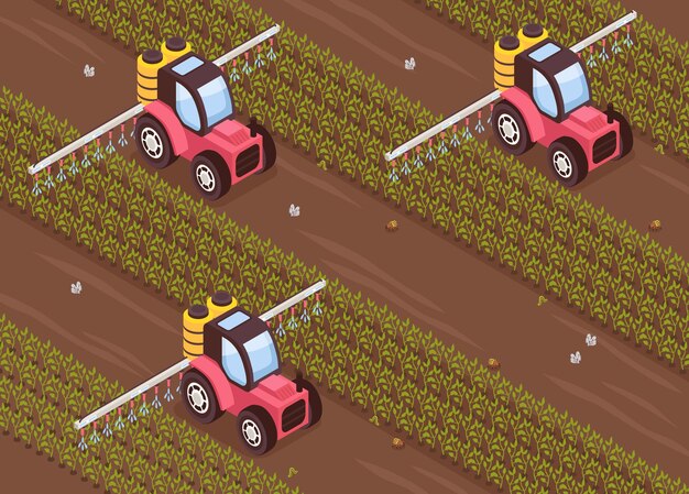 Concepto de control de plagas isométrico con máquinas agrícolas rociando la ilustración de vector de campo