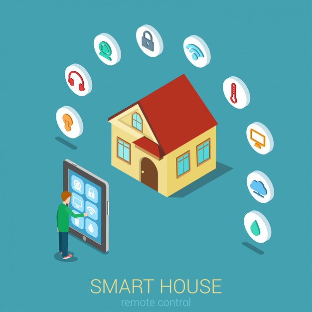 Concepto de control de tecnología moderna remota de casa inteligente Hombre tableta táctil administrar indicador cámara de seguridad temperatura clima humedad agua plano isométrico.