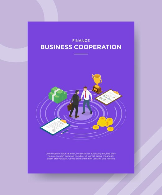 Concepto de cooperación empresarial para banner de plantilla y volante para imprimir con ilustración de estilo isométrico