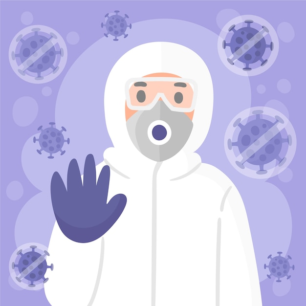 Concepto de coronavirus con traje de materiales peligrosos