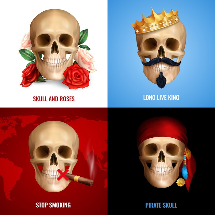 Vector gratuito concepto de cráneo humano 2x2 con un conjunto de composiciones realistas que utilizan la imagen del cráneo como marca de peligro o humor