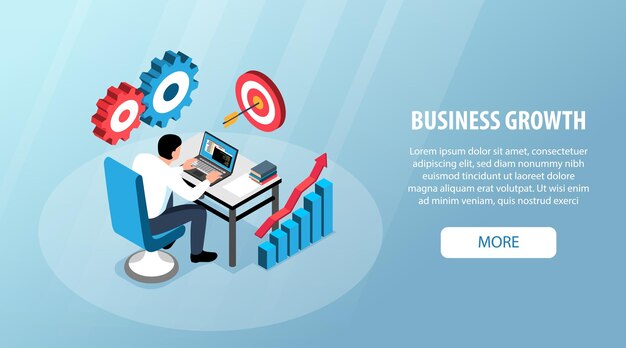 Concepto de crecimiento empresarial isométrico con gerente de trabajo y símbolos de desarrollo de la empresa ilustración vectorial