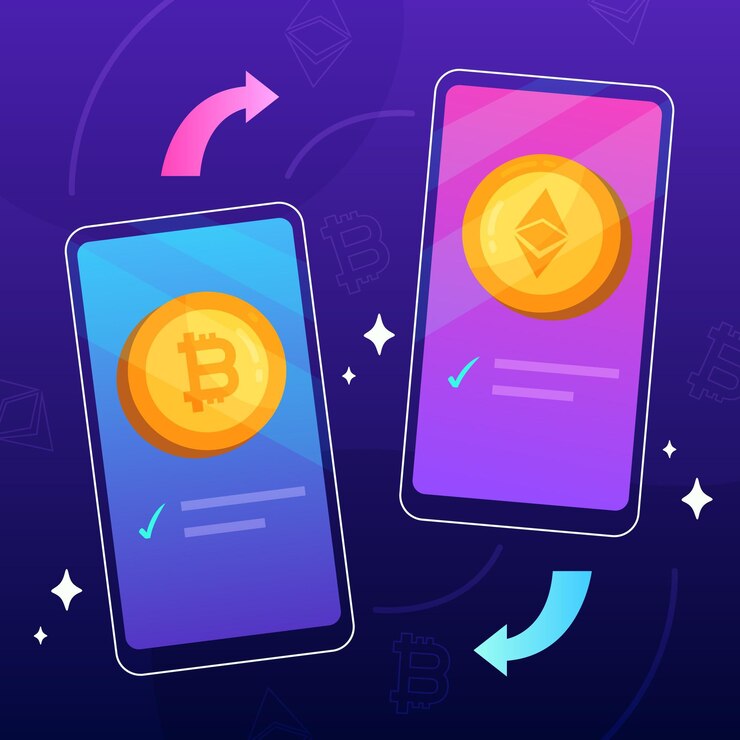 Vector gratuito concepto de criptomoneda degradado con teléfonos