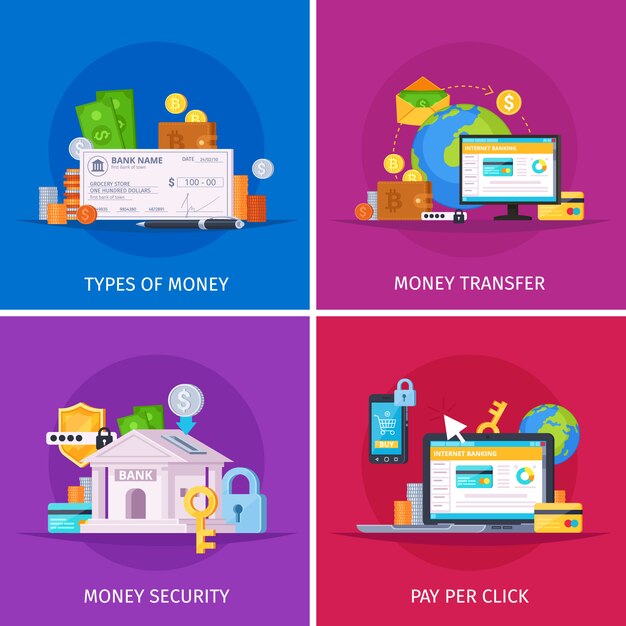 Concepto cuadrado de iconos coloridos ortogonales planos de tecnología financiera con seguridad de transferencia de dinero de pagos en línea