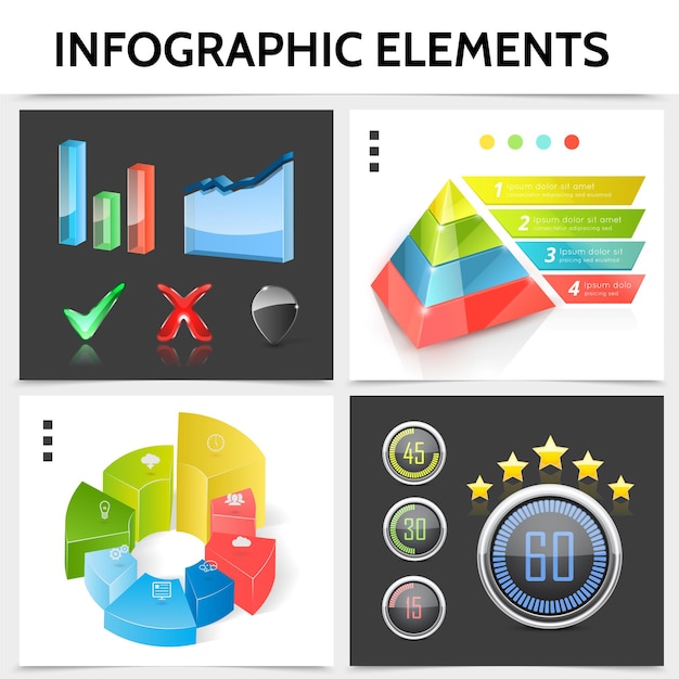 Vector gratuito concepto cuadrado infográfico realista con iconos de negocios piramidales gráficos barras indicadores de información marcas de verificación gráficos ilustración