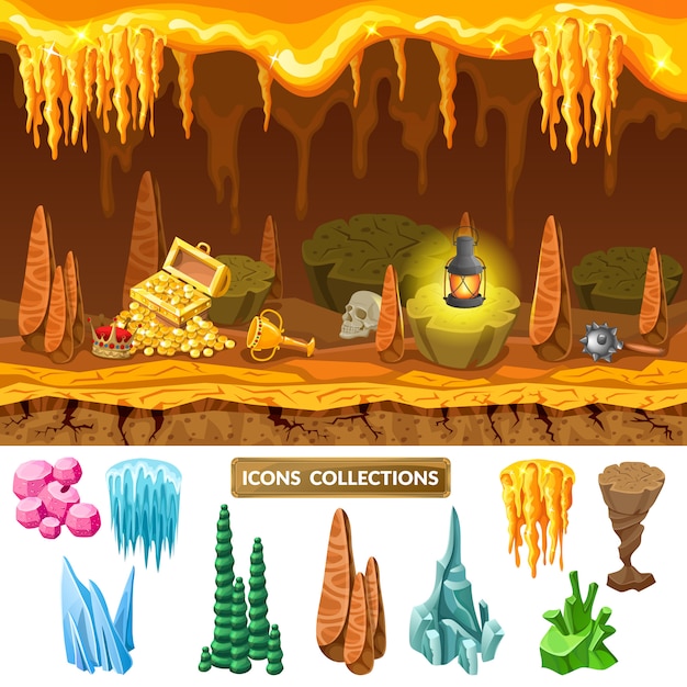 Concepto de cueva del tesoro colorido juego isométrico