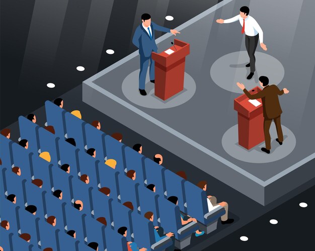 Concepto de debate político isométrico con políticos hablando frente a la ilustración de vector de audiencia