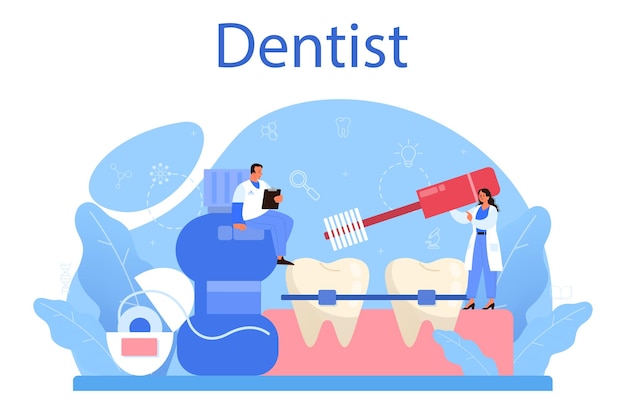 Concepto de dentista médico dental en uniforme que trata dientes humanos usando equipo médico idea de higiene dental y oral tratamiento de caries ilustración de vector plano