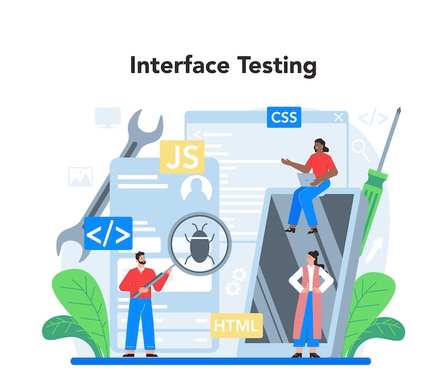 Concepto de desarrollo frontend mejora del diseño de la interfaz del sitio web programación de la página web codificación y prueba profesión de ti ilustración de vector plano aislado