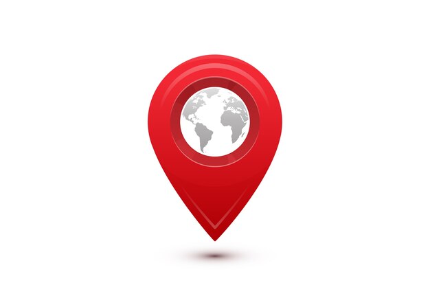 Concepto de destino. Viaje de viaje internacional. Puntero rojo con mapa del mundo gris en el interior.