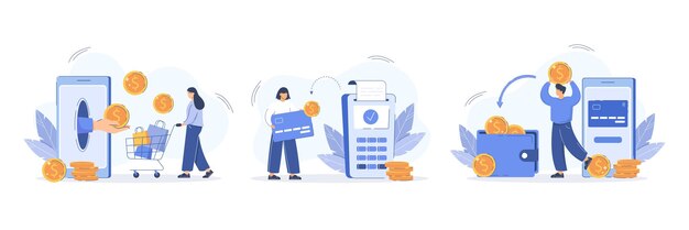 Concepto de devolución de dinero y ahorro de dinero. Conjunto de ilustraciones planas de personajes compradores pagan en línea y reembolso en efectivo por compras con tarjeta de crédito y billetera. Programa de fidelización de ahorros financieros y monedas.